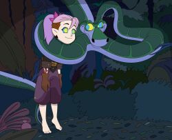 absurdres amity_blight barefoot chin_hold clothed coils crossover disney elf_ears feet femsub gloves happy_trance hypnotic_eyes kaa kaa_eyes leaning_forward long_hair maledom outdoors purple_hair rubio515 smile snake standing standing_at_attention the_jungle_book the_owl_house tickling tiptoes