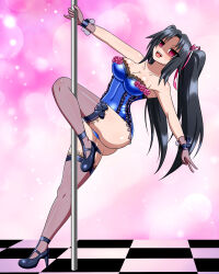 absurdres black_hair breasts cleavage empty_eyes female_only femsub high_heels high_school_dxd large_breasts lingerie long_hair open_mouth pink_eyes pole_dancing serafall_leviathan solo thighhighs twintails underwear yensh