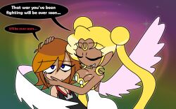 aged_up alternate_color_scheme alternate_costume angel aura bare_shoulders blonde_hair blue_eyes brown_hair chin_hold cleavage collarbone crossover dark_skin disney dress earrings empty_eyes english_text eye_roll eyebrows_visible_through_hair facial_markings femdom gradient_background hand_on_head heavy_eyelids hypnoscream kingdom_hearts large_breasts malesub necklace sailor_moon sailor_moon_(series) shiny_hair shiny_skin simple_background smile sora speech_bubble square_enix tank_top twintails wholesome wide_hips wings