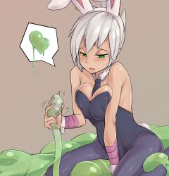  absurdres alternate_costume artist_request breasts bunny_ears bunnysuit cleavage fake_animal_ears fake_tail femsub glowing glowing_eyes green_eyes large_breasts league_of_legends manip open_mouth riven_(league_of_legends) silver_hair sitting slime sweat zac_(league_of_legends) 