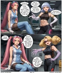 ai_art annie_(pokemon) blonde_hair devianbar dialogue glasses grey_hair large_breasts long_hair lovrina_(pokemon) nintendo oakley pink_hair pokemon short_hair team_hypno team_rocket text twintails