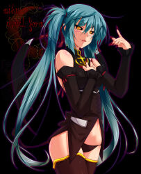 arm_warmers black_sclera corruption demon_girl femsub green_hair miku_hatsune monster_girl smile thighhighs twintails vocaloid wings yellow_eyes