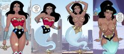 black_hair breasts dc_comics genie harem_outfit pink_eyes sequence speech_bubble text thehypno7ist_(generator) transformation wonder_woman