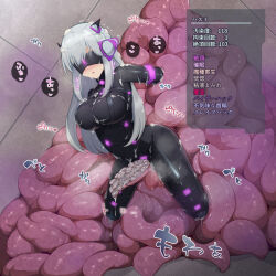 1_tri_pic arms_behind_back bare_shoulders blindfold blush bodysuit boots breath cleavage collar corruption covered_with_cum crotch_rub cum cum_on_body cum_on_breasts cum_on_clothes cum_on_hair expressionless female_only femsub glowing grey_hair harness hasumi headphones japanese_text large_breasts latex long_hair mission_mermaiden navel restrained rubber solo speech_bubble sweat tech_control tentacle_sex tentacles text thighhighs tight_clothing trembling white_hair