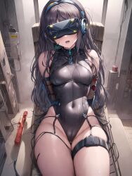  ai_art arms_behind_back blush bondage brown_hair cameltoe corruption dazed female_only femsub garter garter_straps gloves headphones koimin4_(generator) latex leotard long_hair navel open_mouth opera_gloves restrained sitting solo stable_diffusion_(ai) sweat tech_control thick_thighs visor 