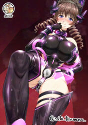 ai_art anal bangs bare_shoulders blush boots breast_sucking breath brown_hair collar cuffs dildo double_penetration drill_hair femdom garter gloves headphones hypnotized_dom large_breasts latex leotard looking_at_viewer maid_headdress milking_machine nail_polish opera_gloves purple_eyes pussy_juice red_background rubber sato_terumasa signature smile smug stepped_on sweat thighhighs tongue vaginal