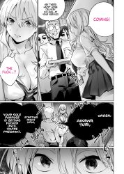  absurdres age_difference aikawa_yuri artist_request aware before_and_after belt breasts cleavage comic dazed dialogue empty_eyes greyscale hard_translated huge_breasts hypnosis_delivery_record jeans long_hair multiple_boys multiple_doms school_uniform short_hair skirt speech_bubble text thought_bubble translated 