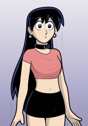 black_eyes black_hair breasts clothed collar dan_shive earrings el_goonish_shive empty_eyes expressionless jewelry manip miniskirt navel rhoda_(el_goonish_shive) skirt small_breasts standing standing_at_attention susan_pompoms transformation very_long_hair