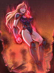  belt blonde_hair boots breasts captain_marvel carol_danvers complex_background corruption emblem female_only femsub gloves glowing glowing_eyes happy_trance knee-high_boots large_breasts leebigtree leotard long_hair marvel_comics open_mouth red_eyes smile solo super_hero tongue 