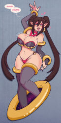 blue_eyes brown_hair cleavage collarbone dialogue earrings elf_ears english_text eyeshadow female_only femsub harem_outfit heart hoopa hourglass_figure huge_breasts hypnotic_object long_hair long_nails looking_at_viewer makeup nail_polish navel nintendo open_mouth pokemon pokemon_(creature) pokemon_black_and_white pokemon_black_and_white_2 rosa_(pokemon) simple_background smile solo speech_bubble tagme text thighhighs twintails very_long_hair wide_hips wrenzephyr2