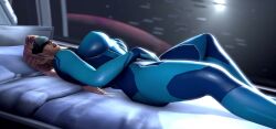  3d animated bed bedroom blonde_hair bodysuit breast_fondling breasts clothed complex_background female_only femsub kaminakirei large_breasts lying masturbation metroid_(series) nintendo on_back samus_aran solo tight_clothing tongue tongue_out video visor zero_suit 