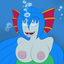 ahegao blue_hair bubble eye_roll fangs frills happy_trance megagundamman open_mouth original snake_girl underwater
