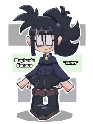 black_eyes black_hair boots drone dronification honeymakesart original simple_background skirt stephanie_senoue tech_control visor