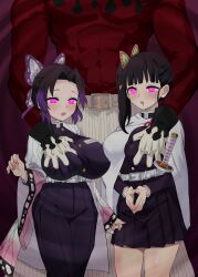  black_hair breast_grab breasts clothed collector-x demon_slayer dialogue douma drool femsub hair_ornament kanao_tsuyuri multicolored_hair multiple_girls muscle_boy pink_eyes purple_hair shinobu_kocho side_ponytail size_difference spiral spiral_eyes symbol_in_eyes text 