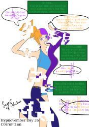 corruption dialogue eve_(poppetkisses) femsub hypnovember orange_hair original ponytail purple_eyes purple_hair sage_of_shadows tech_control text transformation