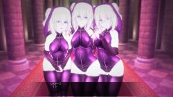 3d blue_eyes collar corruption custom_maid_3d_2 dark_side_ruler erect_nipples female_only femsub gloves glowing high_heels japanese_text leotard looking_at_viewer nun sisters text thick_thighs thigh_boots thighhighs translation_request twintails white_hair zipper