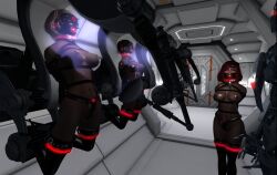  3d arms_behind_back barcode black_hair blonde_hair bondage boots chastity clothed_exposure collar corruption femsub gag harness headphones logiire monitor multiple_girls multiple_subs navel nipples original red_hair robot second_life short_hair tech_control thigh_boots thighhighs topless visor 