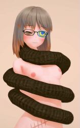  3d 9191h animated animated_eyes_only animated_gif arms_behind_back aware blush bottomless breasts brown_hair coils glasses kaa_eyes kathi_(9191h) nipples nude one_eye_open original resisting scars short_hair small_breasts snake topless 