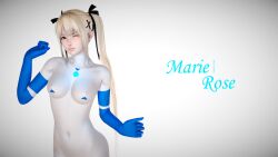 3d aoba before_and_after blonde_hair blue_eyes bodysuit breasts cosplay dead_or_alive dead_source female_only gloves honey_select_2 looking_at_viewer marie_rose personification ribbon simple_background small_breasts smile solo text tight_clothing twintails ultraman white_background wink