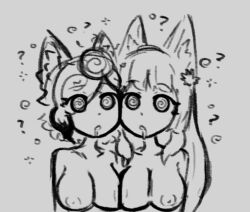  amaterasu_(skecchyartist) animal_ears bangs breasts character_request collarbone dazed drool female_only femsub grey_background hair_covering_one_eye long_hair monochrome multiple_girls multiple_subs nipples original short_hair simple_background skecchyartist sketch spiral_eyes tagme topless wolf_girl 