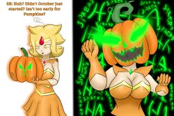 absurdres blonde_hair breasts cleavage clothed dialogue english_text eye_color_change female_only femsub freckles gloves glowing glowing_eyes green_eyes halloween jack_o'_lantern large_breasts onorgasmic original possession pumpkin sunny_breeze_(onorgasmic) text yellow_eyes