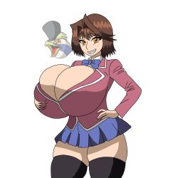  bird_boy breast_expansion breasts brown_hair cleavage clothed eye_color_change femsub hand_on_hip hat holding_breasts hyper_breasts looking_at_viewer maledom nightmare_penguin possession short_hair simple_background smile tea_gardner ton911_(enderson_roa) top_hat white_background yellow_eyes yu-gi-oh! 