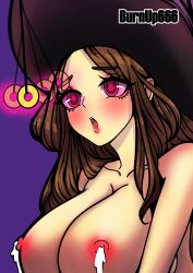 absurdres breasts brown_hair burnup666 dragon&#039;s_crown femsub hat lactation large_breasts long_hair open_mouth pendulum sorceress_(dragon&#039;s_crown) spiral_eyes symbol_in_eyes topless