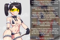 absurdres altered_common_sense assertive_sub bikini black_hair blush bow_tie caption frills girlinworld(manipper) gloves grey_background hypnotic_accessory licking_lips maid maid_headdress manip mugiotoko simple_background skullgirls smile squigly_(skullgirls) sweat tech_control text twintails visor 