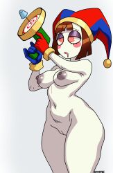 bare_shoulders bottomless brain_drain breasts brown_hair cap clown clown_girl crossed_eyes dazed drool expressionless female_only femsub ghostec gloves hat hypno_beam hypnotic_gun hypnotized_hypnotist jester jimmy_neutron_(series) navel nickelodeon nipples nude open_mouth pale_skin pomni pussy raygun red_eyes self_hypnosis short_hair signature simple_background solo spiral_eyes standing straight-cut_bangs the_amazing_digital_circus thick_thighs topless white_background white_skin wide_hips