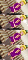  3d absurdres blonde_hair blue_eyes breasts cleavage_cutout comic custom_maid_3d_2 dialogue femsub glasses kamen_writer_mc large_breasts open-chest_sweater screenshot short_hair text translated 