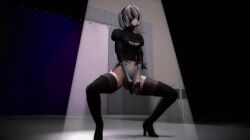  3d animated animated_gif breasts clothed female_only femsub haigure high_heels large_breasts nier_automata open_mouth short_hair text thighhighs translation_request white_hair yorha_no._2_type_b 