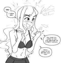 blush bra collarbone comic dialogue eyebrows_visible_through_hair failed_hypnosis female_only greyscale long_hair majinsfw navel open_mouth original resisting simple_background skirt smile solo sweat text underwear veronica_nightingale_(majinsfw) white_background 