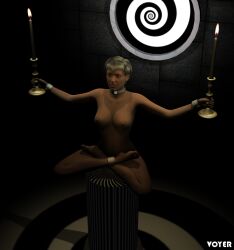 3d barefoot bottomless bracers breasts candle collar crossed_legs female_only femsub happy_trance human_furniture large_breasts original short_hair spiral topless voyer white_hair