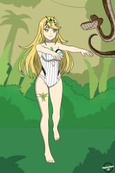 barefoot blonde_hair choker crown disney feet hair_ornament happy_trance hypnobot771 hypnotic_eyes jungle kaa kaa_eyes large_breasts long_hair mythra_(xenoblade) nintendo ring_eyes smile snake swimsuit the_jungle_book thighs xenoblade_chronicles xenoblade_chronicles_2 zombie_walk