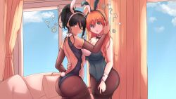 bunny_ears bunnysuit drool empty_eyes female_only glowing_eyes kissing large_ass large_breasts liz_(mind_and_magic) looking_back mind_and_magic original sleepy_axolotl tights yuri