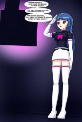 femsub happy_trance high_heels hypnotic_screen nintendo pokemon sabrina saluting skirt speech_bubble spiralwash_eyes surrisaki tagme team_rocket text