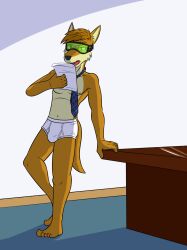  bottomless briefs brown_hair bulge fox_boy furry fuzebox male_only malesub table tech_control tie topless unaware underwear visor 