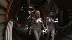  3d absurdres black_hair blonde_hair bodysuit bottomless breasts collar cybus_industries doctor_who_(series) draphy drone earbuds earpiece erect_nipples expressionless female_only fembot femsub glasses glowing_eyes graybot navel nipples pussy robotization tech_control topless 