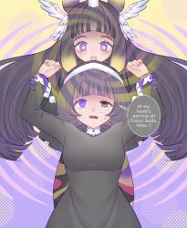 arms_above_head brown_eyes clothed crown elf_ears english_text eye_color_change female_only femdom femsub gloves hololive hololive_english long_hair missmilkou multicolored_eyes ninomae_ina'nis nun open_mouth purple_hair resisting restrained sequence short_hair smile spiral spiral_background sweat text