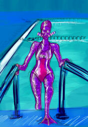  bodysuit cleavage corruption female_only femsub gas_mask goggles latex monster_girl mr_scade one-piece_swimsuit original pool purple_skin shiny_skin solo swimsuit transformation 