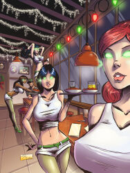  black_hair breasts brown_hair carla_bello christmas dark_skin earpiece expressionless female_only femsub georgia_brown glowing glowing_eyes green_eyes hooters hypnotic_accessory large_breasts leaning_forward long_hair metrobay_comix patricia_summers penny_nichol red_hair shono short_hair short_shorts tank_top tray waitress 