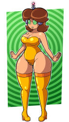 antenna breasts brown_hair expressionless female_only fembot femsub freckles large_breasts large_hips leotard nintendo posed princess princess_daisy singlesalt spiral spiral_background spiral_eyes super_mario_bros. tech_control thick_thighs thigh_boots thigh_gap thighhighs thighs