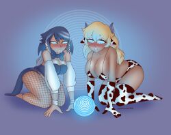  blonde_hair blue_hair blush breasts character_request cleavage cow_girl cow_print drool fake_animal_ears feet female_only femsub hypnotic_orb kneeling legs multiple_girls multiple_subs spiral spiral_eyes symbol_in_eyes thighhighs yumiiart 