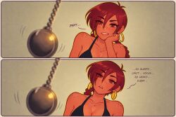  ai_art aubrey_(sea_legs) bikini camile-e_(generator) earrings femsub freckles original pendulum red_hair sleepy tan_skin text 