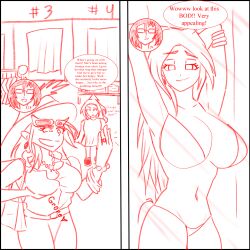 arms_above_head blazy69 breast_fondling breasts character_request dialogue earrings english_text femsub groping happy_trance hat heart hypnotic_accessory jewelry large_breasts milf mirror monochrome necklace original possession reflection ring smile speech_bubble standing symbol text very_long_hair