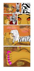 bikini comic feet femsub foot_focus furry licking lion_girl nail_polish nannymcfeet original spiral spiral_eyes zebra_girl
