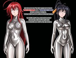  ahoge ai_art akeno_himejima bangs black_background black_hair bodysuit breasts cameltoe collar drone expressionless female_only femsub graybot high_school_dxd large_breasts latex long_hair multiple_girls multiple_subs ponytail red_hair rias_gremory ribbon rubber simple_background standing standing_at_attention sumire_silva_(generator) text tight_clothing very_long_hair whitewash_eyes 