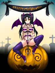  absurdres bat bat_wings black_hair blush breasts costume demon_girl fake_tail female_only femsub halloween happy_trance high_heels high_school_dxd horns long_hair looking_at_viewer monster_girl navel night pumpkin serafall_leviathan shinzu sitting smile solo spiral_eyes symbol_in_eyes text thighhighs twintails wings 