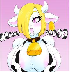 absurdres blonde_hair blush breasts cow_girl cowbell femsub hair_covering_one_eye horns kobi94 large_breasts open_mouth original pink_eyes solo text white_skin