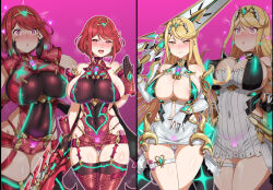  arm_warmers blonde_hair bracelet choker cleavage_cutout clothed_exposure corruption crotch_tattoo dress_shirt earrings erect_nipples erect_nipples_under_clothes eyebrows_visible_through_hair gloves glowing_eyes gozaru gradient_background hair_ornament happy_trance heart_eyes jewelry large_breasts leopard_print long_hair looking_at_viewer miniskirt multiple_girls multiple_subs mythra_(xenoblade) nintendo open_mouth pink_background pyra_(xenoblade) red_eyes red_hair ring short_hair sideboob simple_background smile sweat sword symbol_in_eyes thigh_gap thighhighs thighs thong vibrator wide_hips xenoblade_chronicles xenoblade_chronicles_2 yellow_eyes 